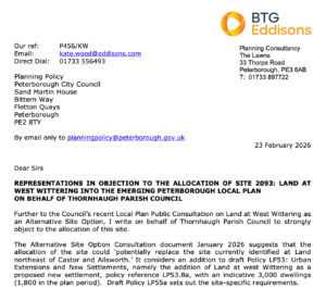 Letter: REPRESENTATIONS IN OBJECTION TO THE ALLOCATION OF SITE 2093: LAND ATWEST WITTERING INTO THE EMERGING PETERBOROUGH LOCAL PLAN ON BEHALF OF THORNHAUGH PARISH COUNCIL